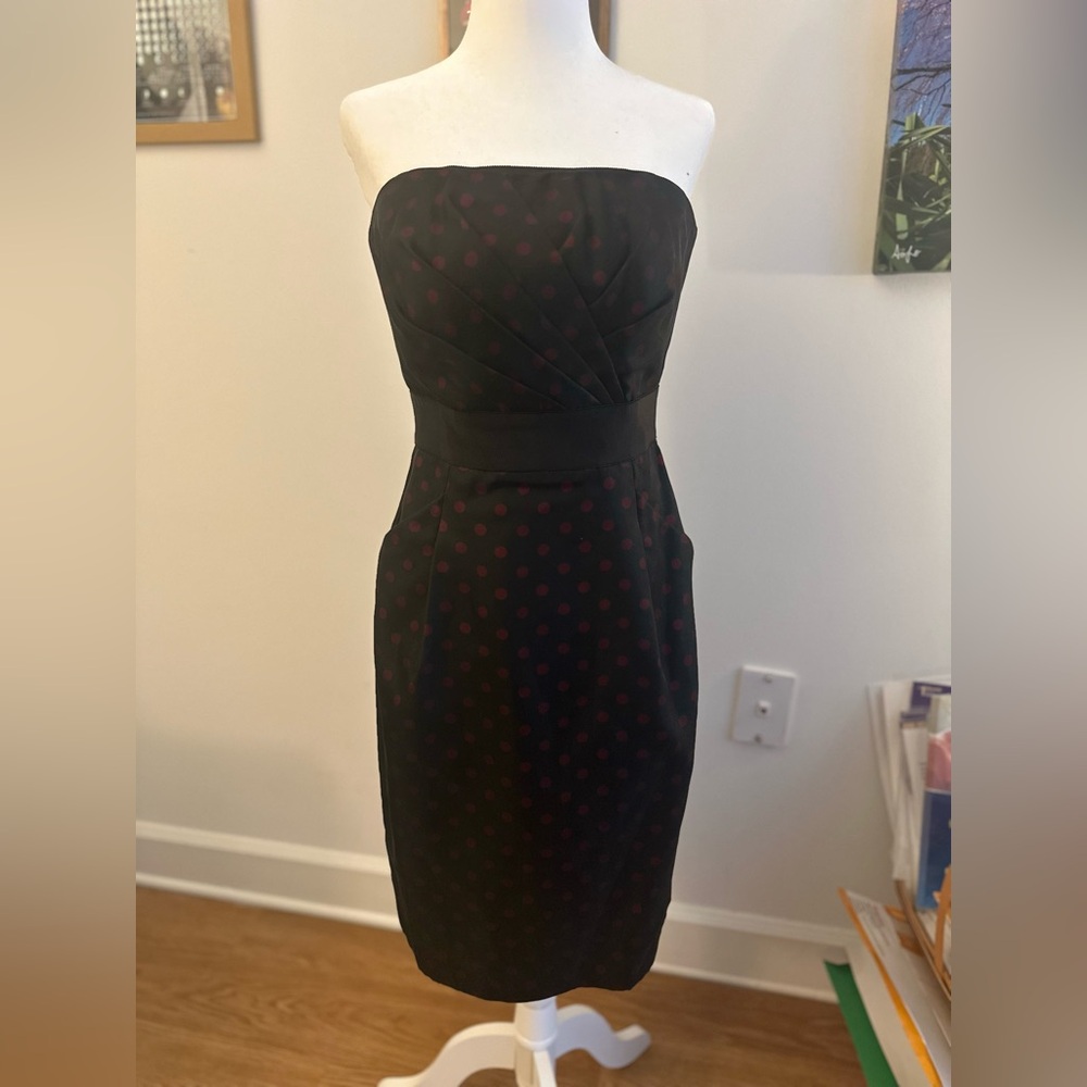 White House Black Market Strapless Black Dress with Red Dots